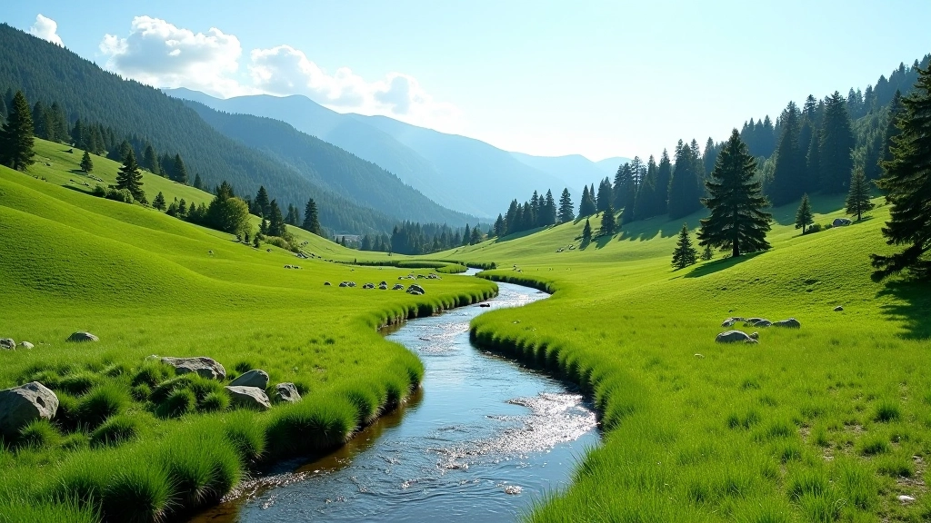Kalnų peizažas su medžiais ir upele, pavasario žalia spalva, giedras oras