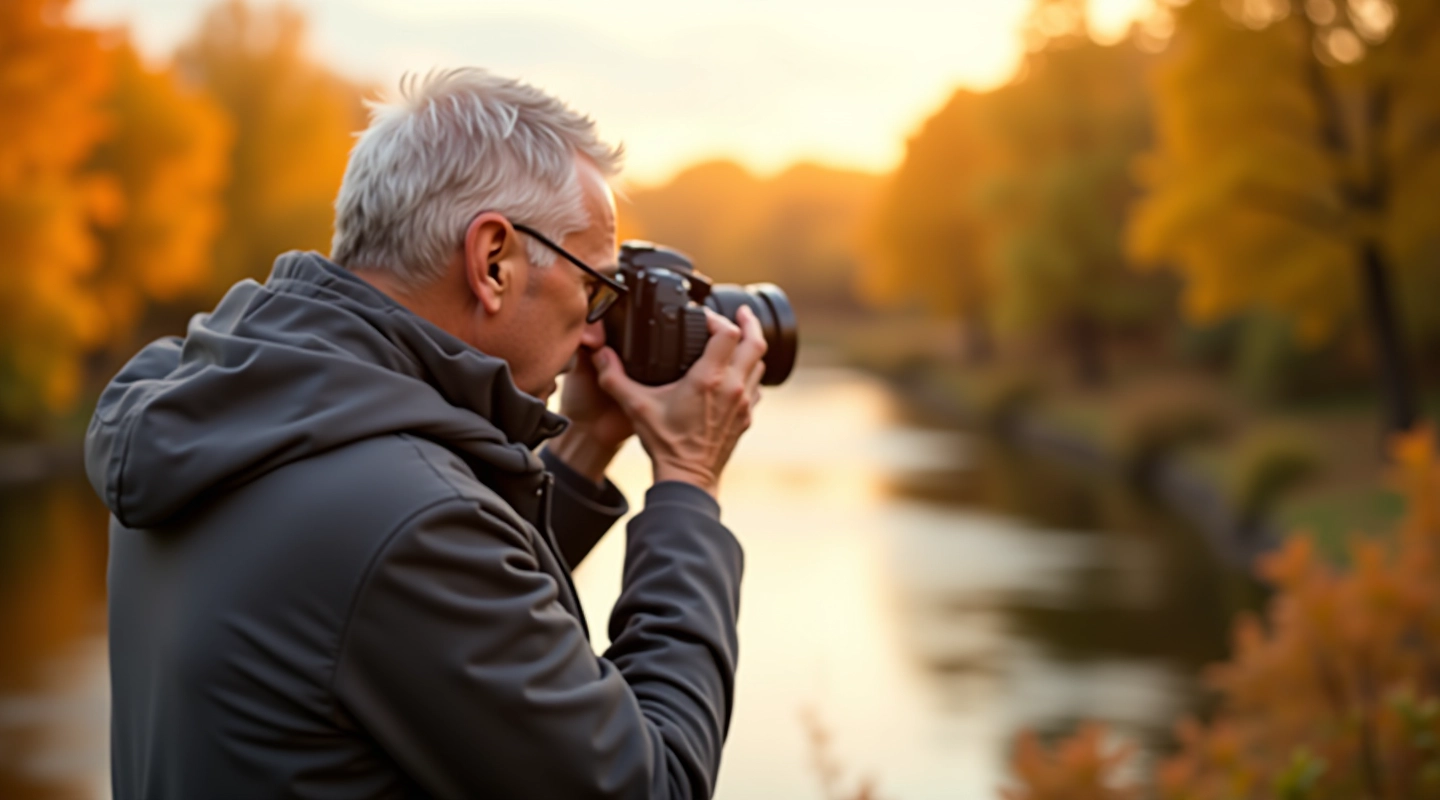 Senjoras su fotoaparatu fotografuoja gamtos peizažą prie upės, saulės šviesa apšviečia medžius